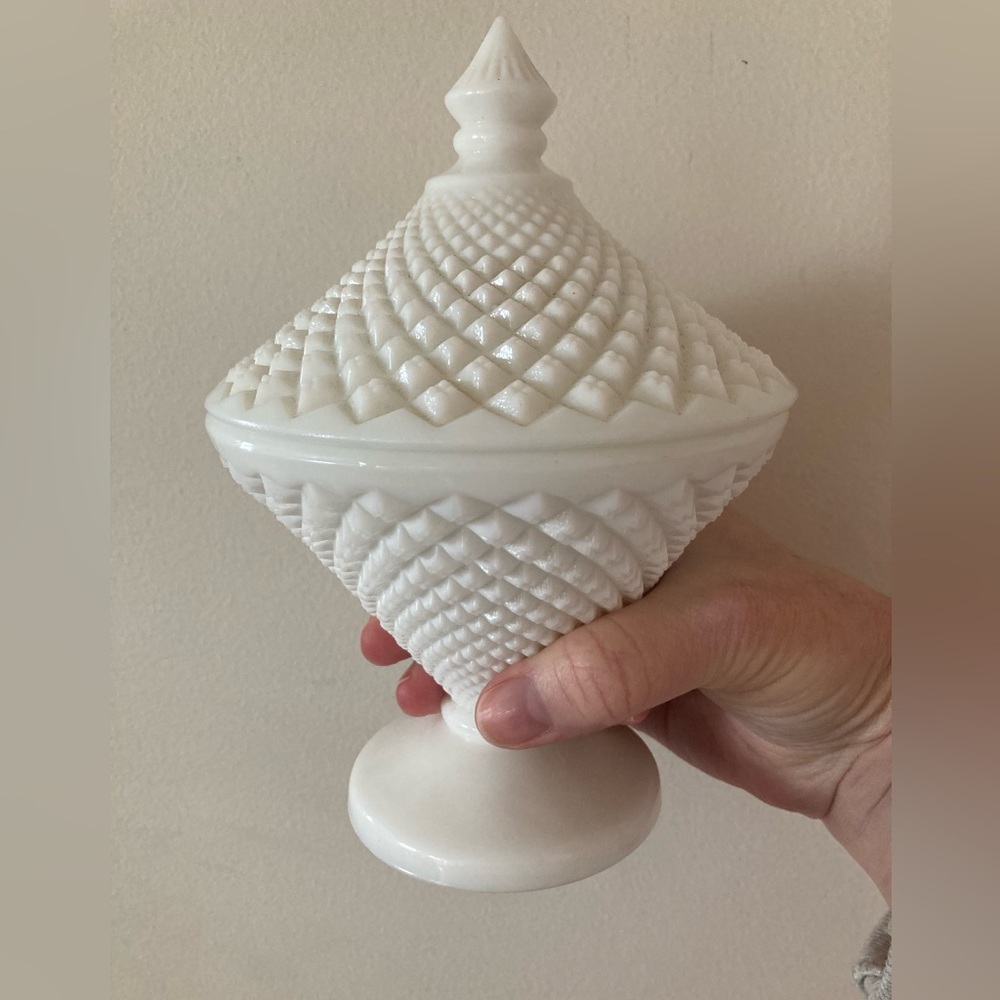 Vintage white glass (hobnob milk glass?) covered candy dish